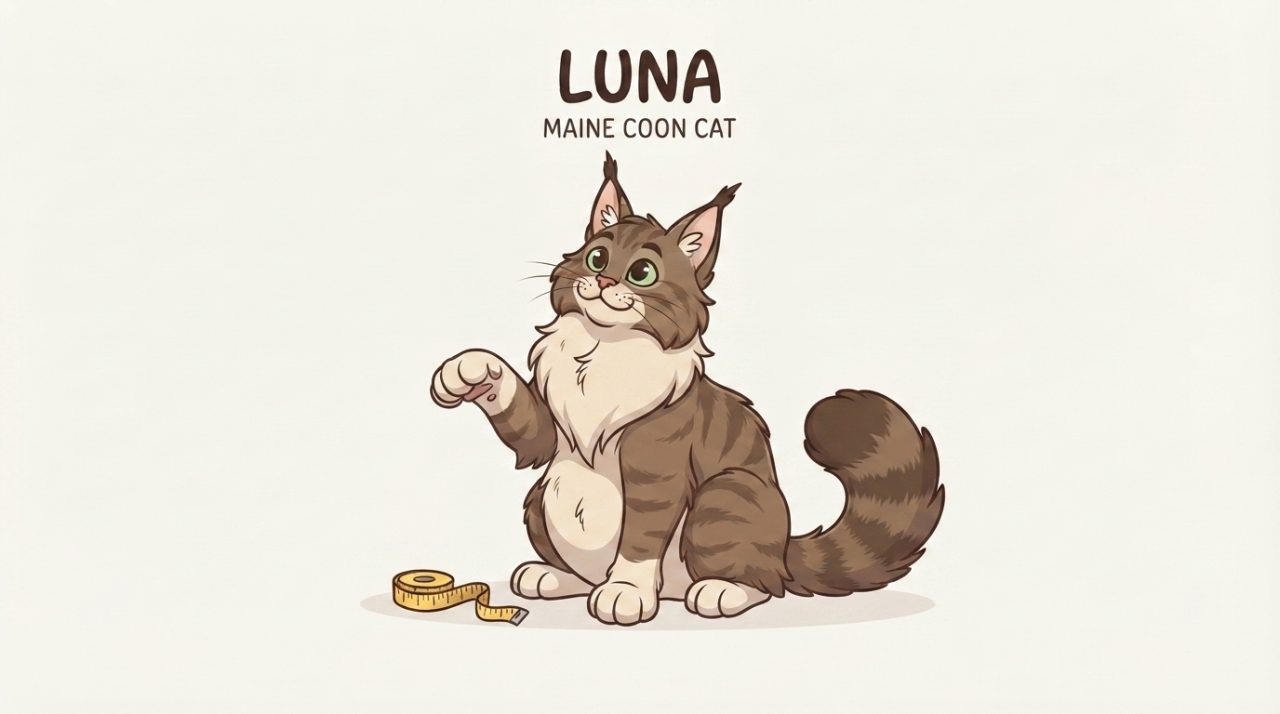 A brown tabby Maine Coon cat named Luna sitting next to a yellow soft measuring tape with one paw raised curiously.