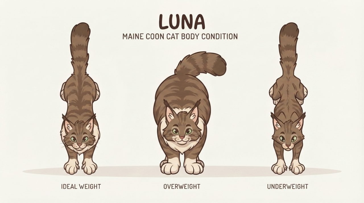 An overhead view illustration titled "Luna Maine Coon Cat Body Condition" showing three body shapes labeled ideal weight, overweight, and underweight.