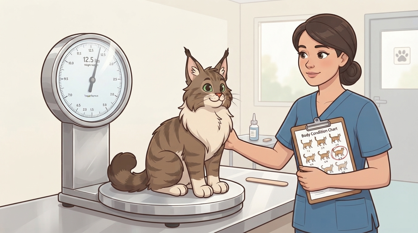 A fluffy brown and white Maine Coon cat sitting on a scale at a veterinary clinic while a female vet holds a feline Body Condition Chart.
