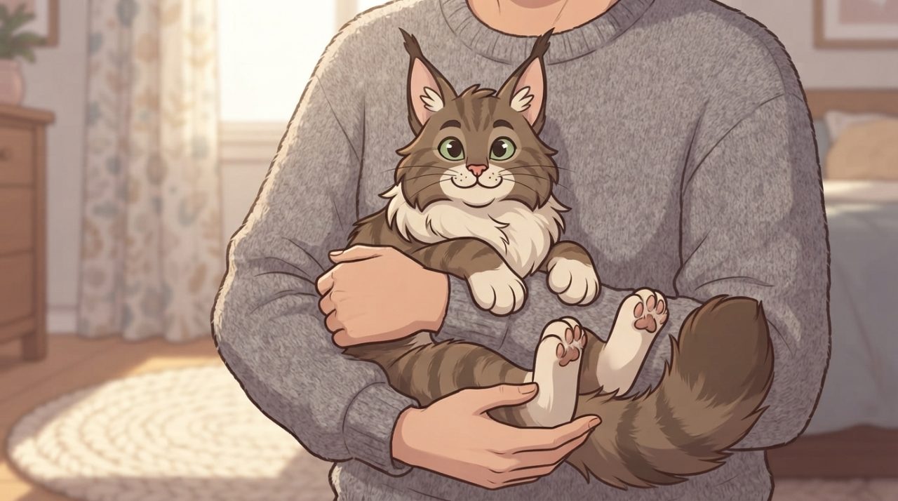 An illustration of a person holding a fluffy brown tabby Maine Coon cat in a cozy living room