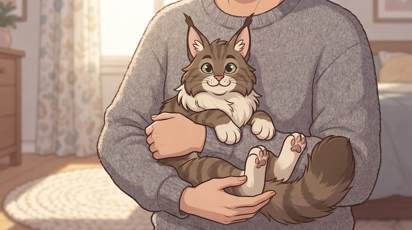 An illustration of a person holding a fluffy brown tabby Maine Coon cat in a cozy living room