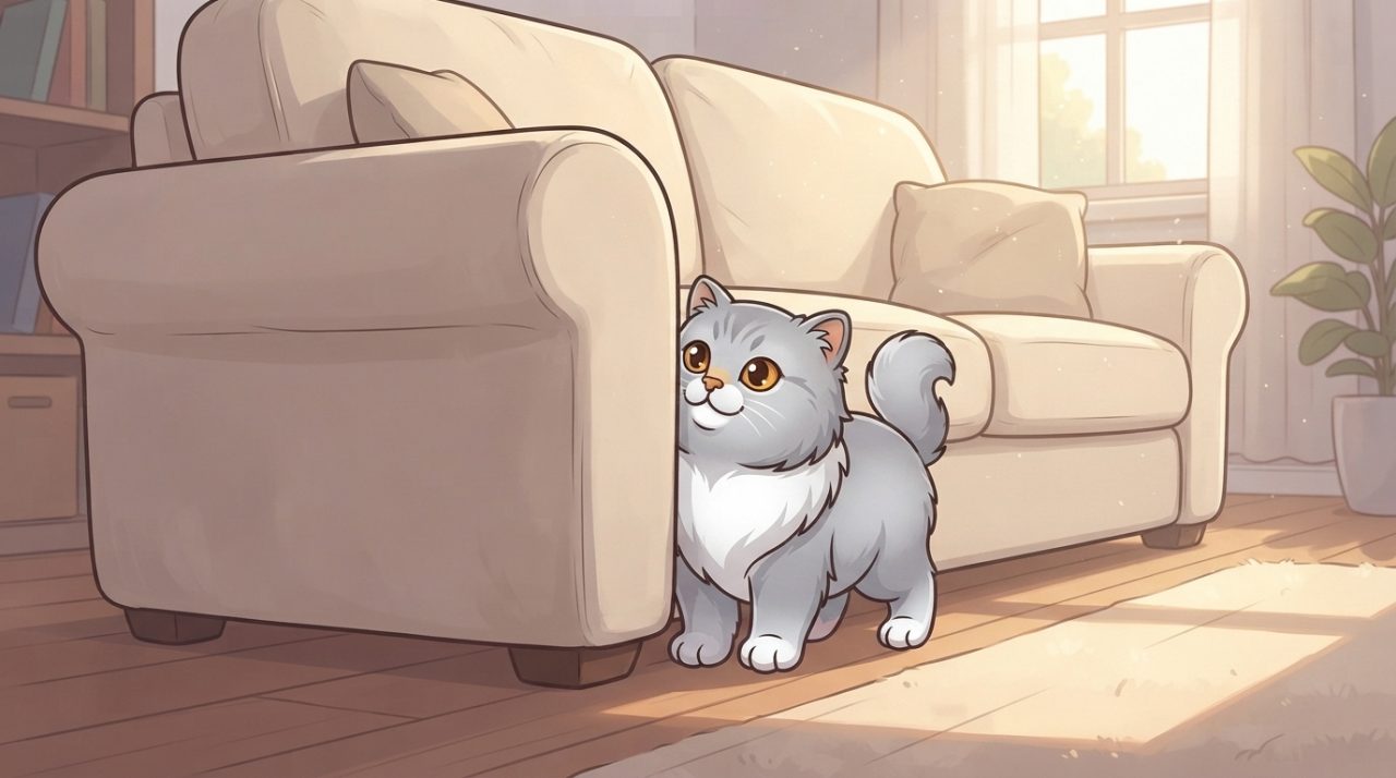 A fluffy silver-shaded Persian cat with a white chest peeking cautiously from behind a beige living room couch in a sunlit room.