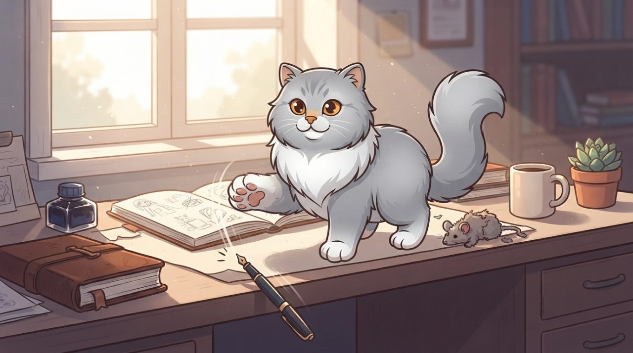 An illustrated gray and white Persian cat sitting on a cluttered desk, knocking a pen off the edge with its paw.