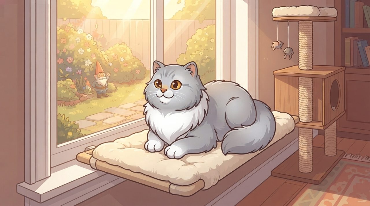 A fluffy silver-shaded Persian cat with a white chest relaxing on a cushioned windowsill perch, gazing out a window at a sunny garden with a garden gnome.