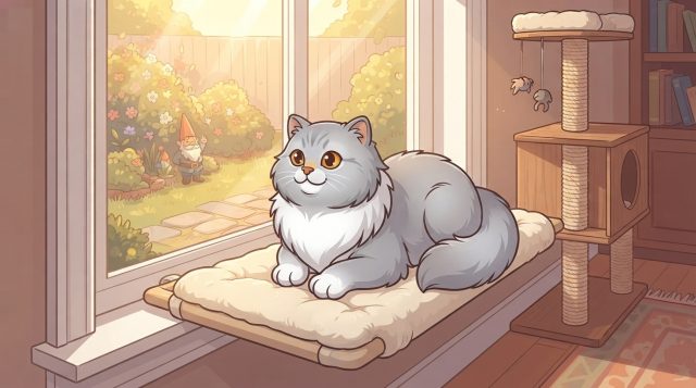 A fluffy silver-shaded Persian cat with a white chest relaxing on a cushioned windowsill perch, gazing out a window at a sunny garden with a garden gnome.