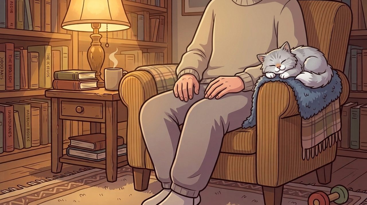 Illustrated cozy indoor scene of a person sitting in an armchair with a sleeping grey Persian cat resting peacefully on the armrest next to a warm reading lamp and bookshelves.