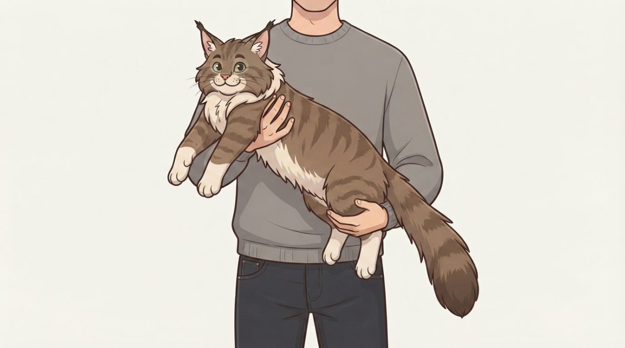 An illustration of a person holding a large brown tabby Maine Coon cat horizontally in their arms to demonstrate its impressive size and length.