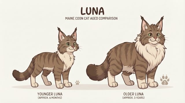 An illustration showing an age comparison of Luna the Maine Coon cat at 6 months old versus 3 years old, highlighting her growth, size, and fur coat development.