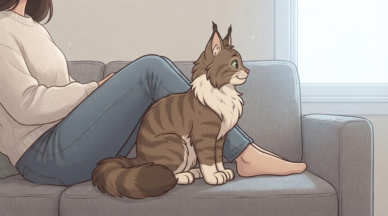 An illustration of a fluffy brown tabby Maine Coon cat sitting next to its owner on a grey couch