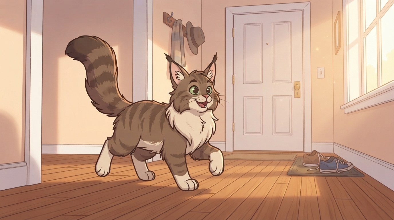 A fluffy brown tabby Maine Coon cat with green eyes and a high-curved tail walking eagerly across a wooden floor toward an entryway door.