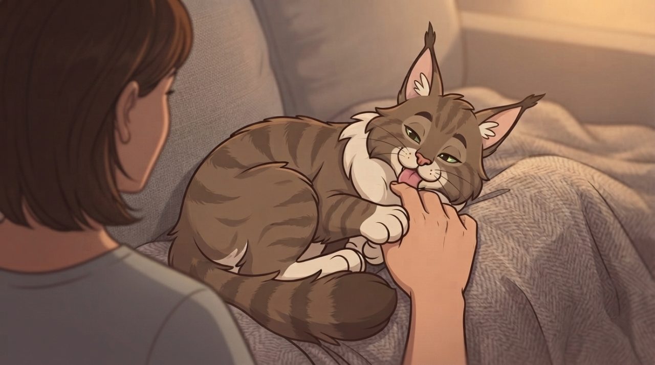 Illustrated brown tabby Maine Coon cat lying on a grey couch and gently licking a person's hand while looking lovingly at them.