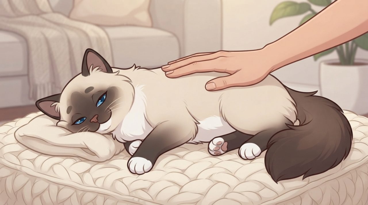 Hand gently checking a Ragdoll cat's ribs to assess healthy body condition
