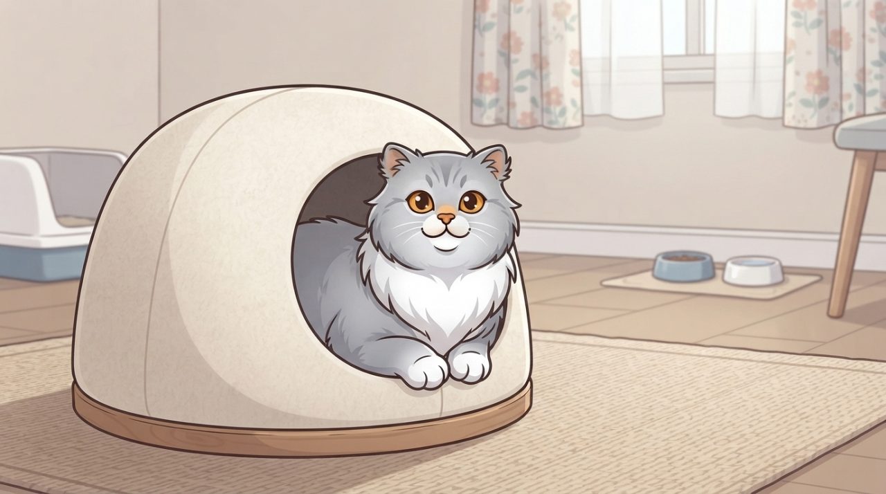A fluffy silver-shaded Persian cat with a white chest peering comfortably from inside a white covered dome cat bed in a quiet safe room.