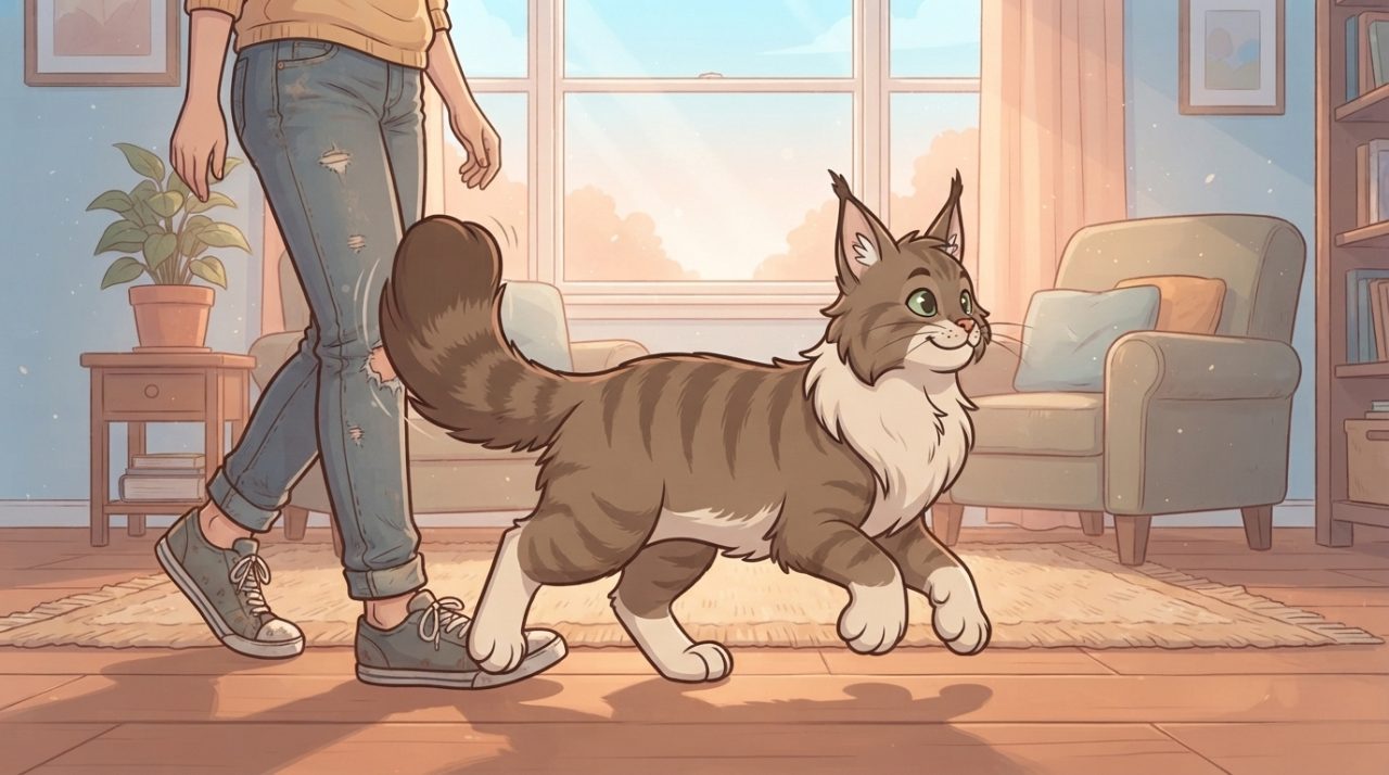 A friendly brown tabby Maine Coon cat trotting down a hallway behind its owner in a cozy living room.