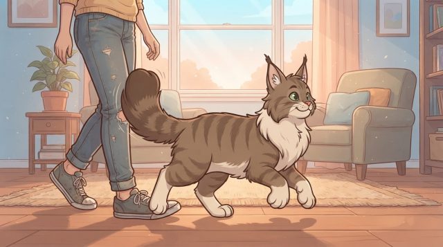 A friendly brown tabby Maine Coon cat trotting down a hallway behind its owner in a cozy living room.