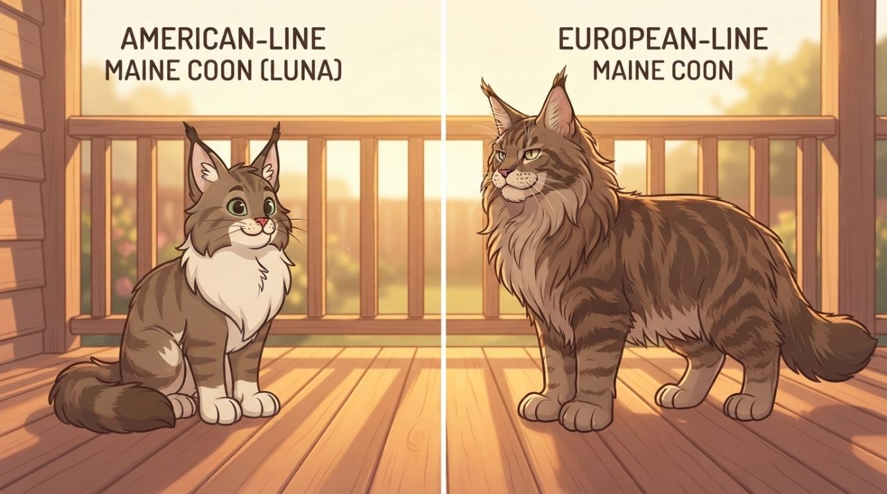 An illustrative comparison showing an American-line Maine Coon cat on the left and a larger, heavier-boned European-line Maine Coon cat on the right, both standing on a wooden porch.