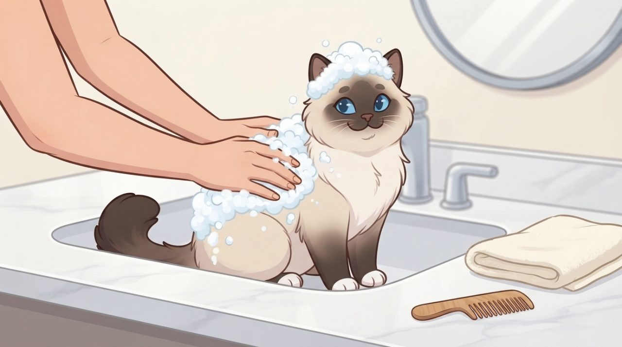 A person washing a fluffy Ragdoll cat covered in soap suds inside a bathroom sink, with a towel and comb nearby.