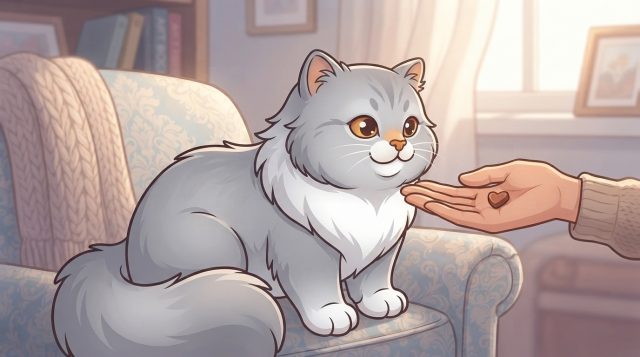 Fluffy grey and white Persian cat sitting on a patterned armchair, eagerly eating a heart-shaped treat from a person's hand.