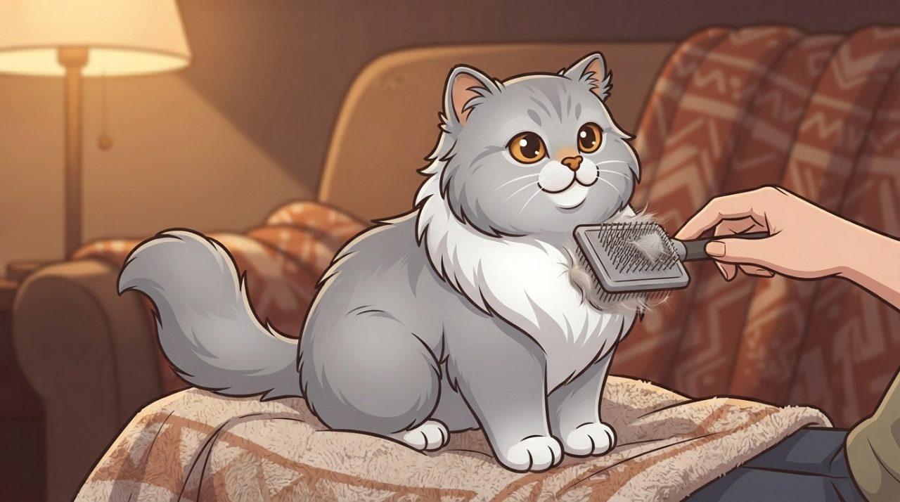 A person gently brushing a fluffy gray and white Persian cat sitting comfortably on a lap.