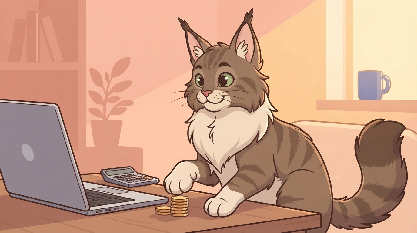 A Maine Coon cat sitting at a desk with a laptop, a calculator, and a stack of coins.