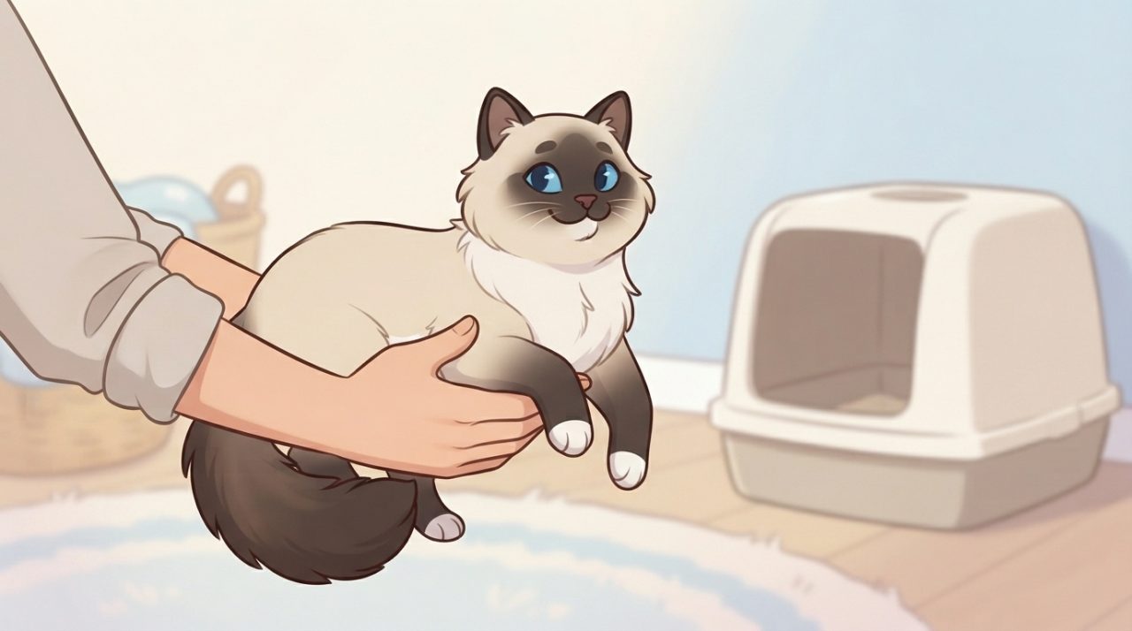 A person holding a fluffy Ragdoll kitten gently and carrying it toward a covered litter box.