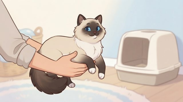 A person holding a fluffy Ragdoll kitten gently and carrying it toward a covered litter box.