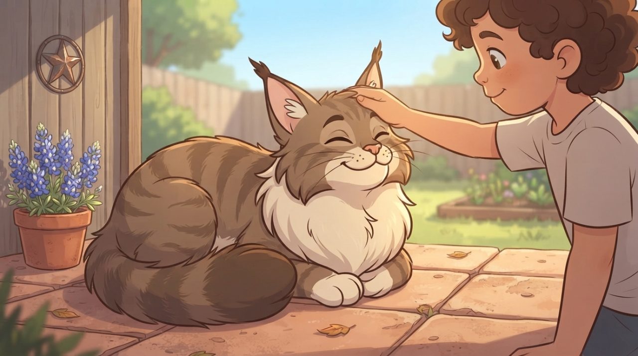 A smiling young boy gently petting a fluffy brown tabby Maine Coon cat resting on a sunny outdoor porch next to a pot of bluebonnet flowers.