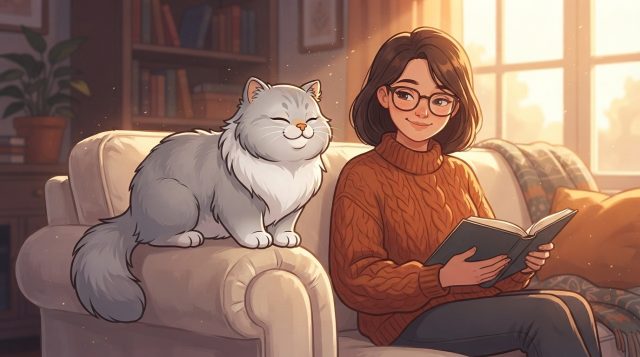A fluffy grey and white Persian cat sitting on the arm of a couch next to a woman reading a book in a sunlit living room.