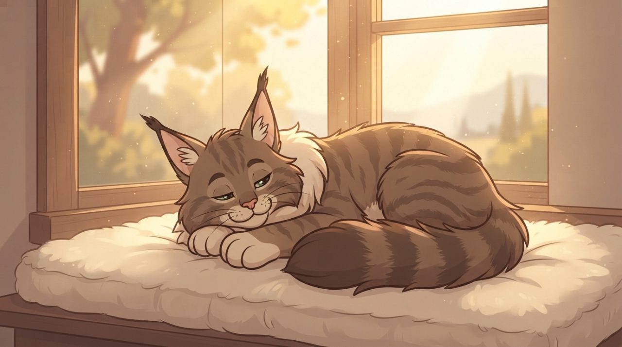 An illustrated brown tabby Maine Coon cat with tufted ears curled up sleeping peacefully on a soft white cushion by a sunny window.