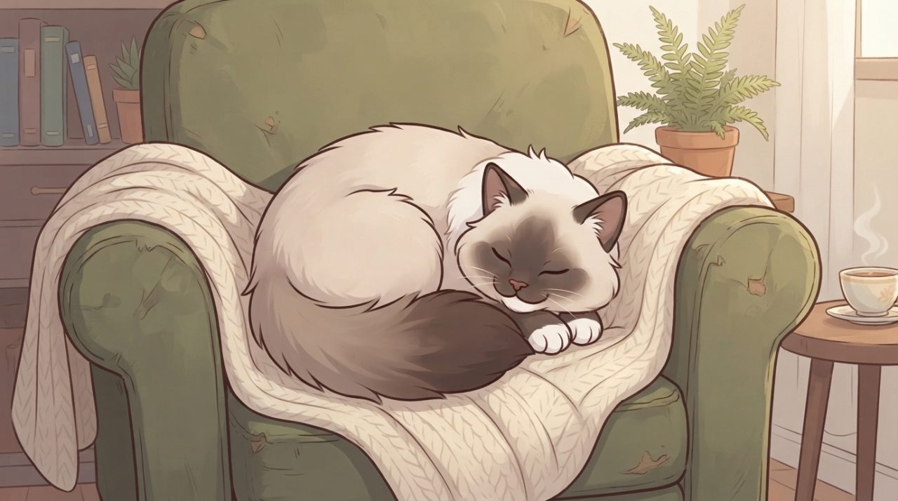 A Ragdoll cat curled up and sleeping peacefully on a knit blanket draped over a green armchair.