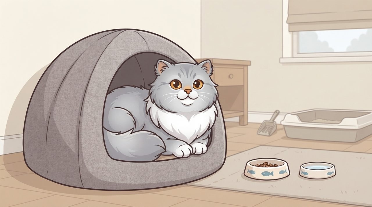 A grey and white Persian cat resting comfortably inside a grey dome-shaped cat bed next to food bowls and a litter box.