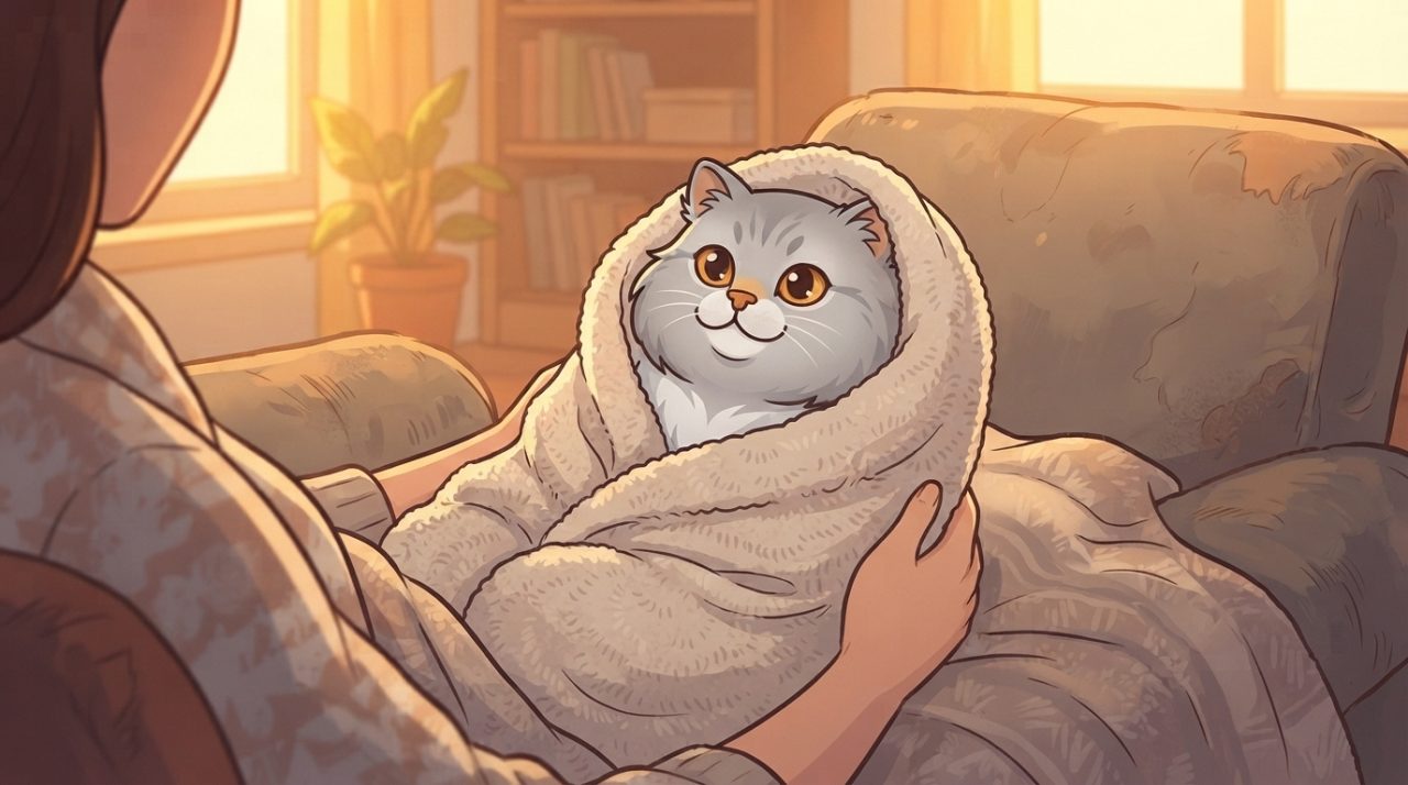 Fluffy grey Persian cat wrapped snugly in a warm towel while being held by a person on a comfortable armchair.