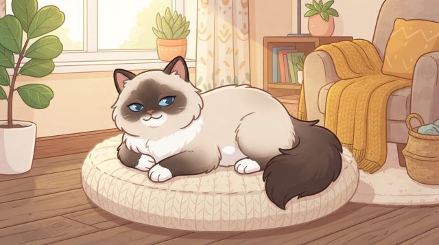 A fluffy seal-point Ragdoll cat relaxing comfortably on a round cushioned pet bed in a warm, sunlit living room.