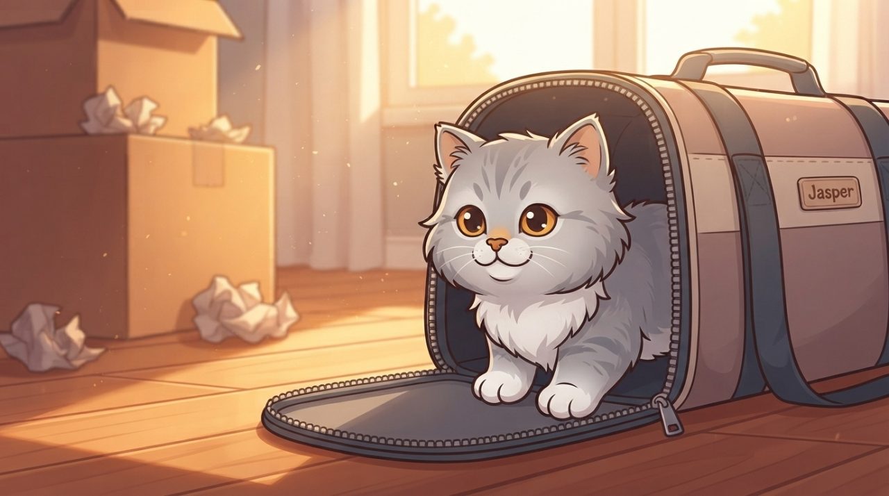 A fluffy grey and white Persian kitten peeking out from an open travel carrier in a sunlit room with moving boxes.