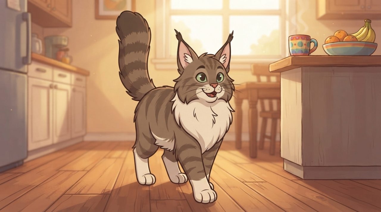 An illustrated brown tabby Maine Coon cat with a fluffy striped tail walking across a wooden kitchen floor.