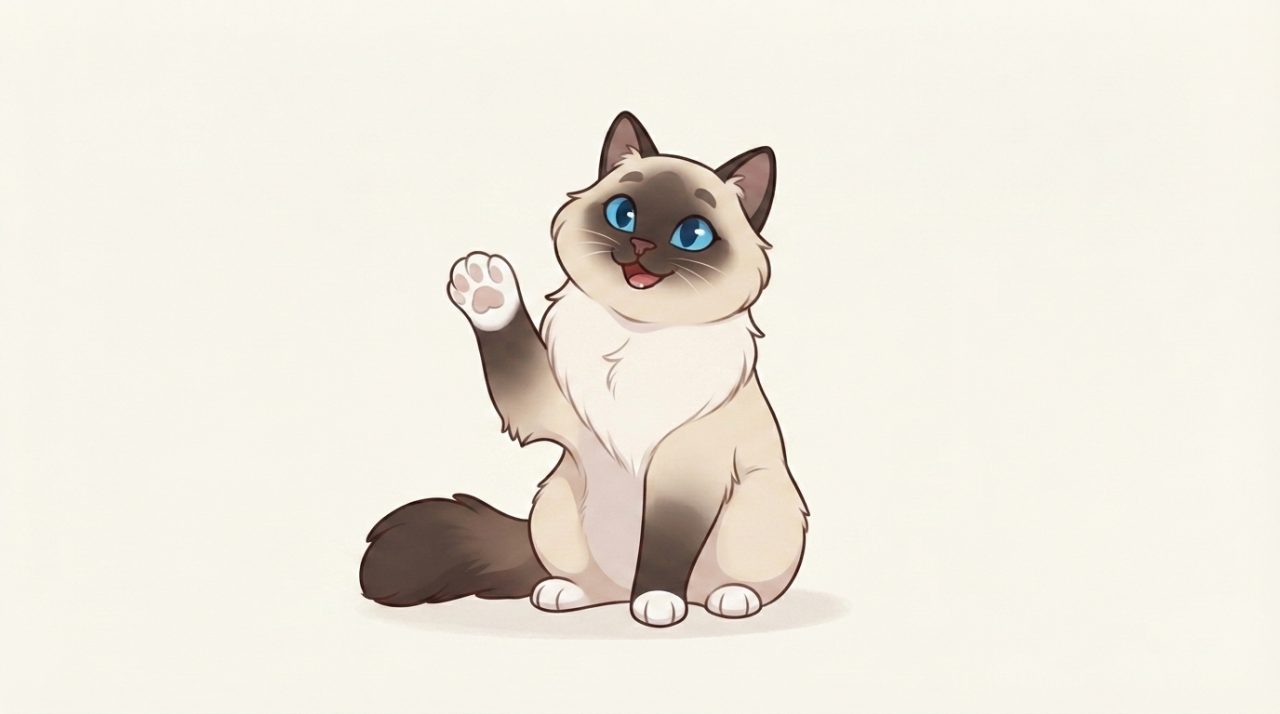 An illustrated Ragdoll cat with striking blue eyes and dark points sitting down and raising its paw to give a high five