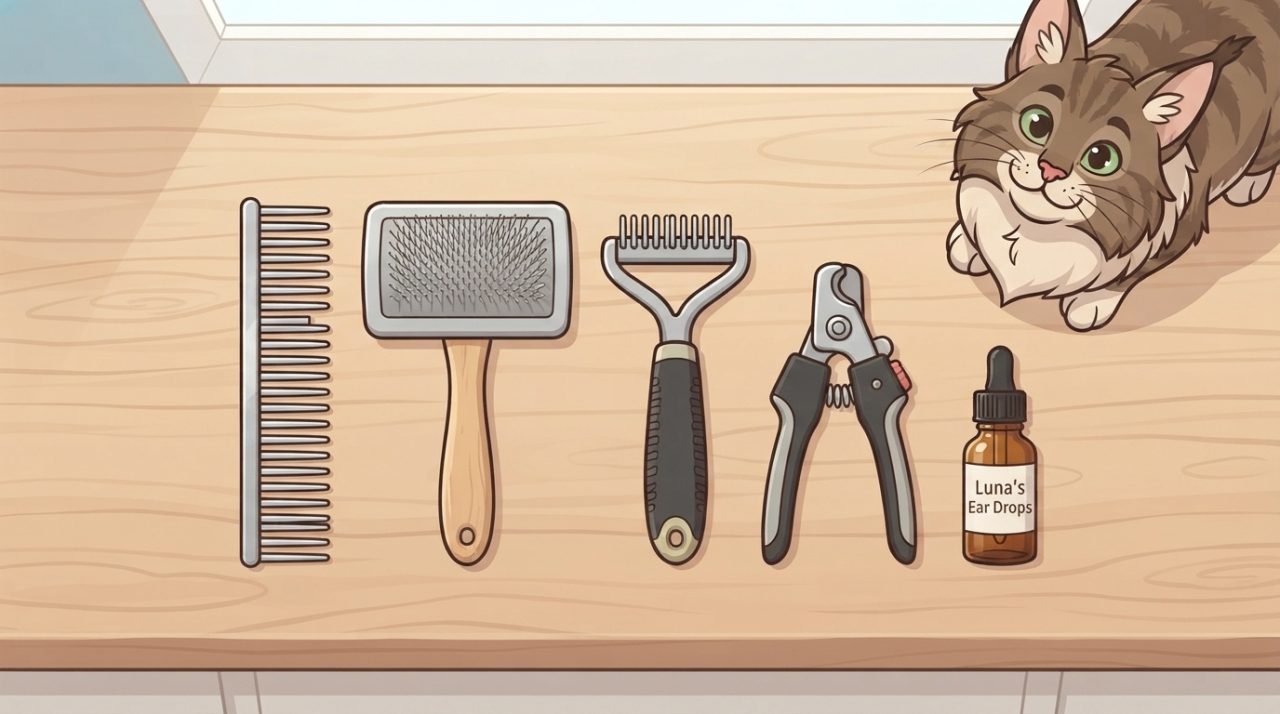 A flat-lay view of essential Maine Coon grooming tools on a wooden surface, including a wide-tooth comb, slicker brush, undercoat rake, nail clippers, and a bottle of ear drops, with a cat peeking into the frame.
