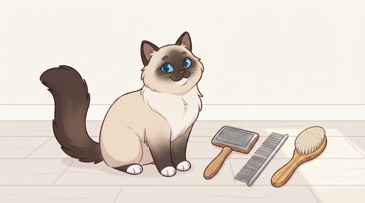 A seal point Ragdoll cat sitting next to a set of grooming tools including a slicker brush, a metal comb, and a soft bristle brush