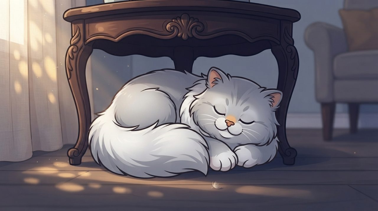 A cute gray and white Persian cat curled up and sleeping peacefully under a wooden table in a sunlit room.