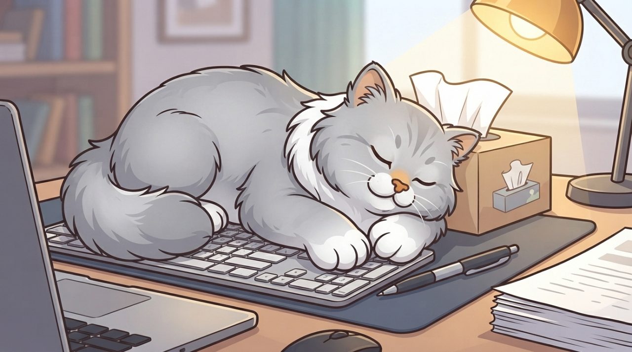 A fluffy grey and white Persian kitten curled up soundly asleep on a computer keyboard next to a desk lamp and tissue box.