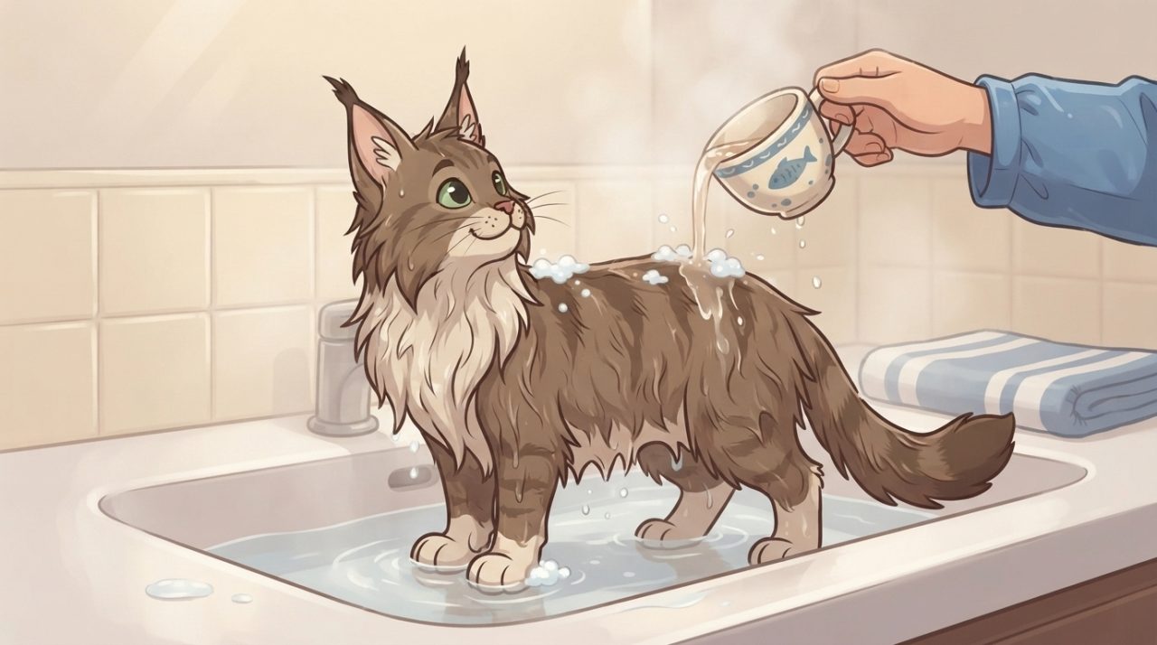 A brown tabby Maine Coon cat standing inside a bathroom sink while a person gently pours warm water over its back from a small patterned cup.