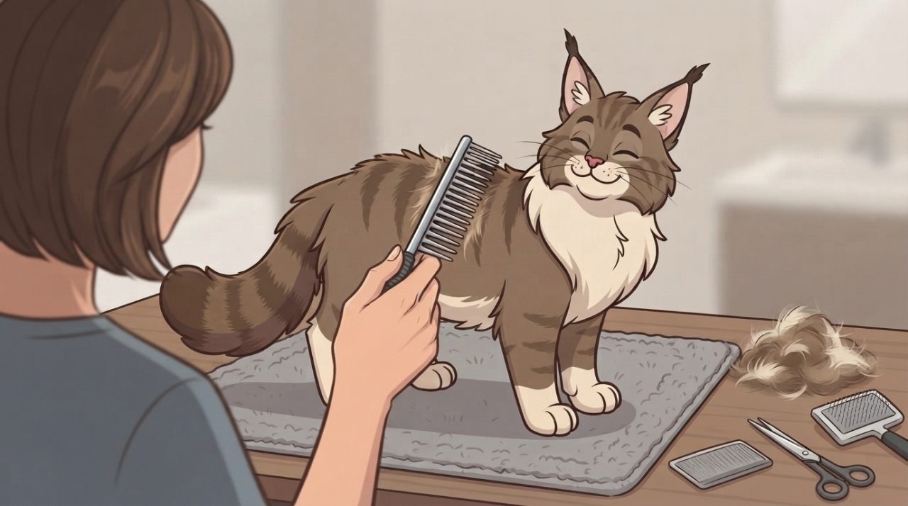 A person using a metal comb to groom a fluffy brown tabby Maine Coon cat resting on a grooming table.