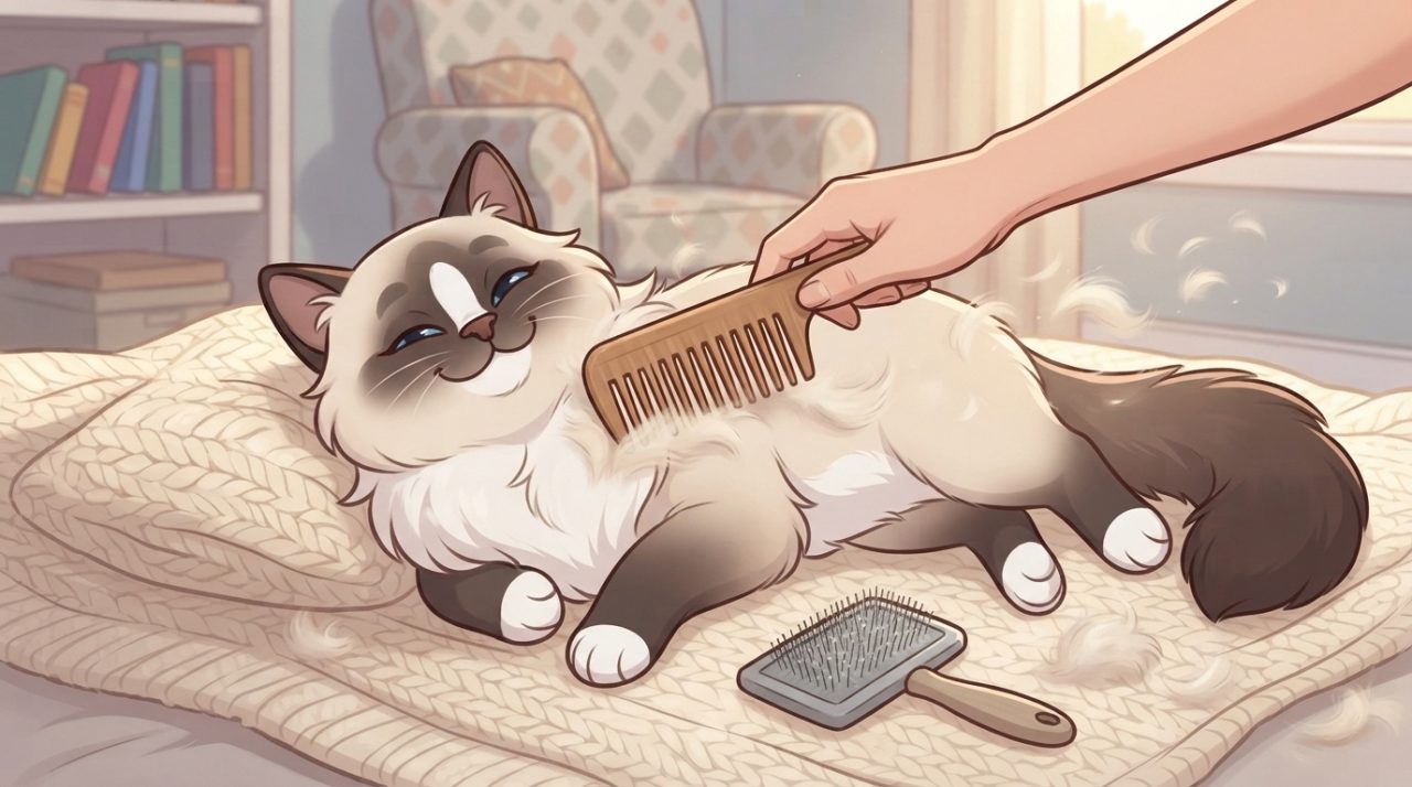 A happy Ragdoll cat relaxing on a knitted blanket while being gently brushed with a wooden comb, with loose fur floating around.
