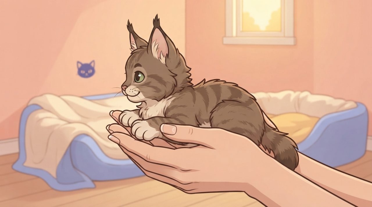 A person holding a fluffy brown tabby Maine Coon kitten in their hands indoors.