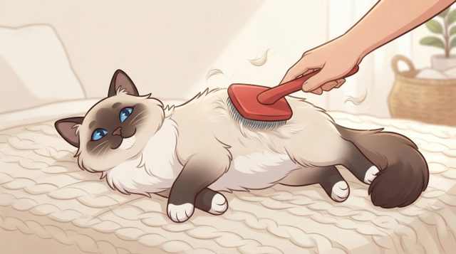 A person gently brushing a relaxed seal point Ragdoll cat lying on a white knit blanket.