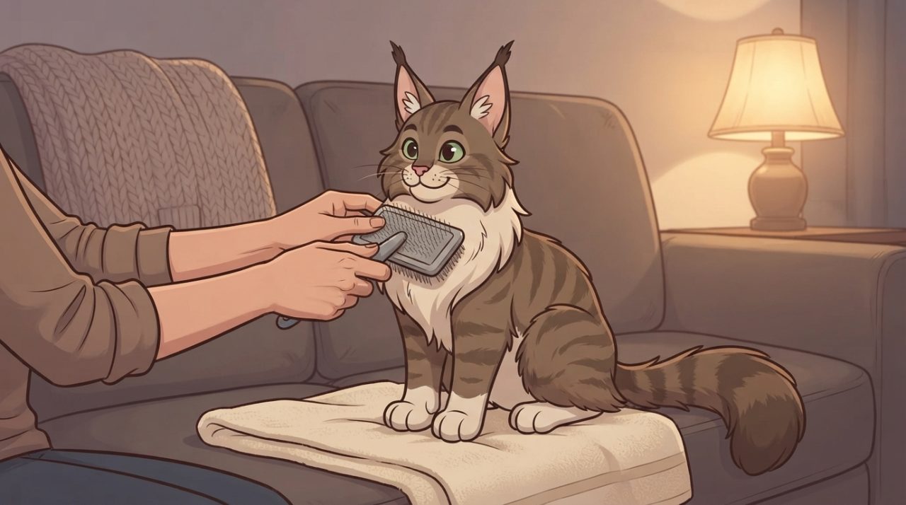 A person gently brushing a fluffy brown tabby Maine Coon cat with a slicker brush while it sits calmly on a towel on a living room couch.