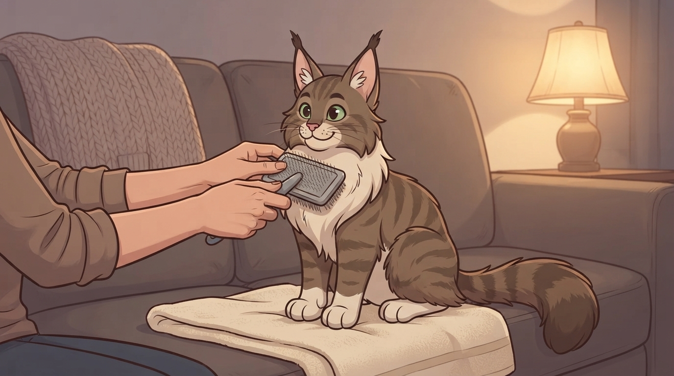 A person gently brushing a fluffy brown tabby Maine Coon cat with a slicker brush while it sits calmly on a towel on a living room couch.