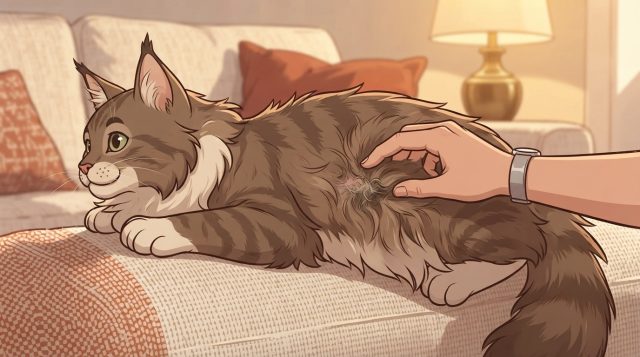 Woman discovering a Maine Coon matting tangle while petting her cat on the couch