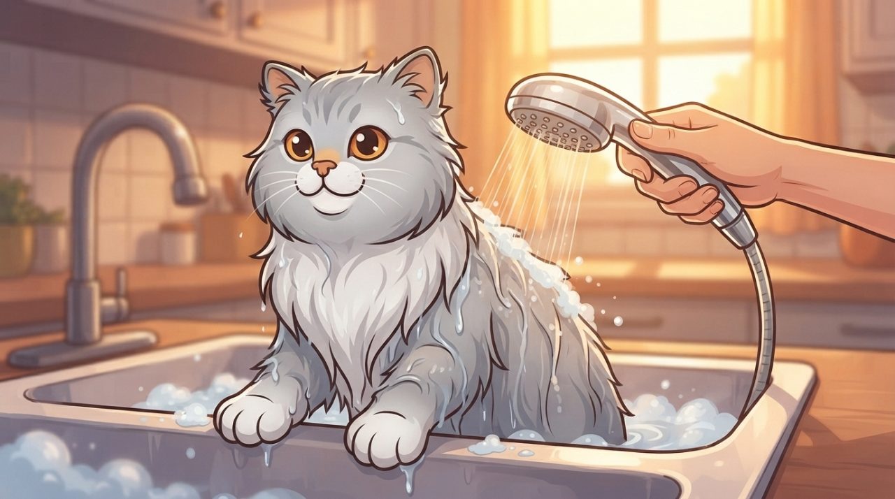 A fluffy gray Persian cat standing patiently in a soapy bathroom sink while a person gently rinses its fur with a handheld shower nozzle.