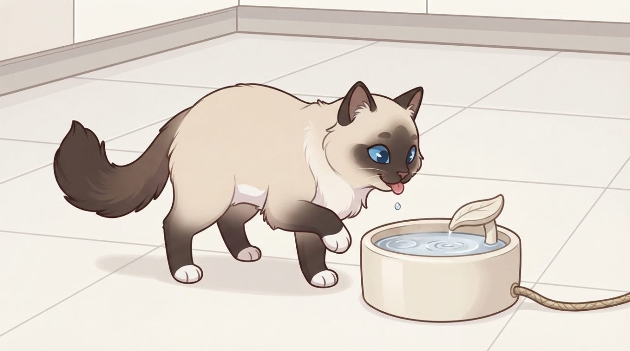 A Ragdoll cat drinking fresh water from a ceramic pet water fountain on a tiled floor.